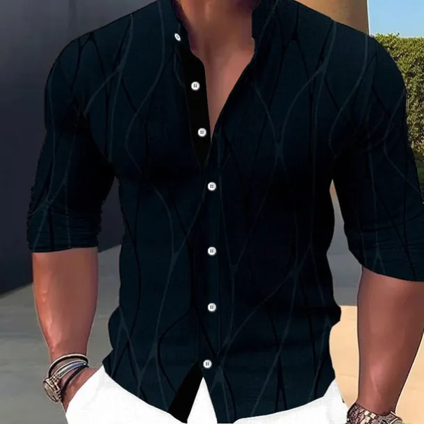 Men's Shirt Dress Shirt Geometric Pattern Outdoor Casual Black White Dark Green Brown Long Sleeve Stand Collar Summer Spring Clothing Apparel Print