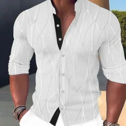 Men's Shirt Dress Shirt Geometric Pattern Outdoor Casual Black White Dark Green Brown Long Sleeve Stand Collar Summer Spring Clothing Apparel Print