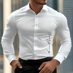 Men's Shirt Dress Shirt Letter Printed Street Wear to work White Long Sleeve Turndown Spring & Summer Clothing Apparel Print