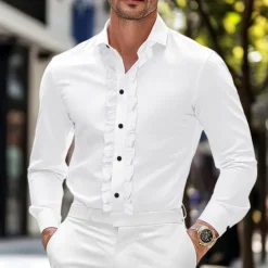 Men's Shirt Dress Shirt Plain Wedding Street Black White Pink Long Sleeve Turndown Summer Spring Clothing Apparel Lettuce Trim