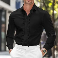 Men's Shirt Dress Shirt Plain Wedding Street Black White Pink Long Sleeve Turndown Summer Spring Clothing Apparel Lettuce Trim