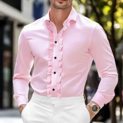 Men's Shirt Dress Shirt Plain Wedding Street Black White Pink Long Sleeve Turndown Summer Spring Clothing Apparel Lettuce Trim