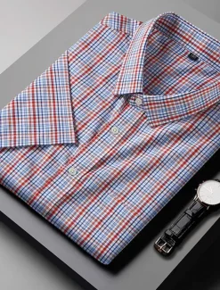 Men's Shirt Dress Shirt Plaid Office & Career Wedding Party Light Pink Light Blue Pink Dark Pink Short Sleeve Lapel Summer Clothing Apparel