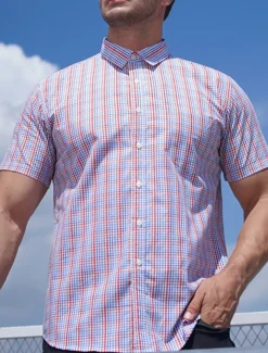 Men's Shirt Dress Shirt Plaid Office & Career Wedding Party Light Pink Light Blue Pink Dark Pink Short Sleeve Lapel Summer Clothing Apparel