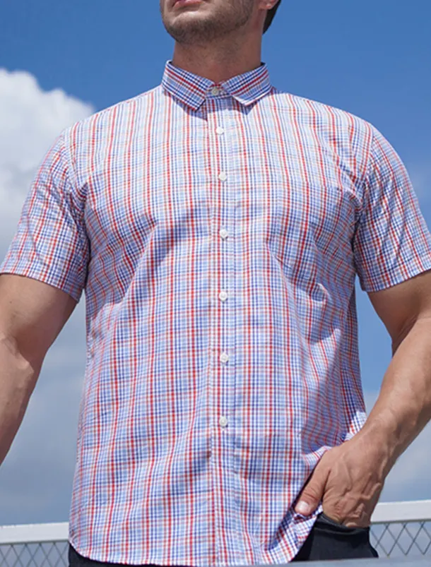 Men's Shirt Dress Shirt Plaid Office & Career Wedding Party Light Pink Light Blue Pink Dark Pink Short Sleeve Lapel Summer Clothing Apparel