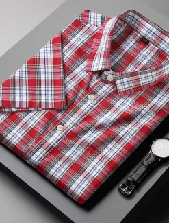 Men's Shirt Dress Shirt Plaid Office & Career Wedding Party Light Pink Light Blue Pink Dark Pink Short Sleeve Lapel Summer Clothing Apparel