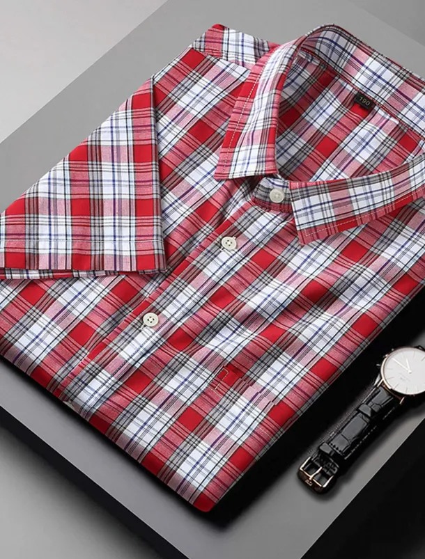 Men's Shirt Dress Shirt Plaid Office & Career Wedding Party Light Pink Light Blue Pink Dark Pink Short Sleeve Lapel Summer Clothing Apparel