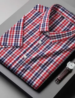 Men's Shirt Dress Shirt Plaid Office & Career Wedding Party Light Pink Light Blue Pink Dark Pink Short Sleeve Lapel Summer Clothing Apparel