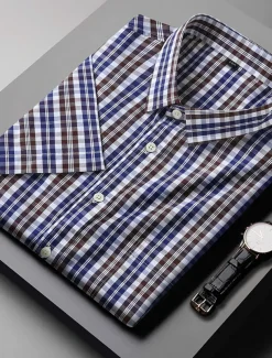 Men's Shirt Dress Shirt Plaid Office & Career Wedding Party Light Pink Light Blue Pink Dark Pink Short Sleeve Lapel Summer Clothing Apparel