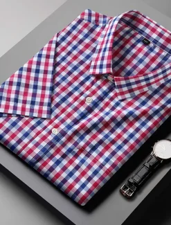 Men's Shirt Dress Shirt Plaid Office & Career Wedding Party Light Pink Light Blue Pink Dark Pink Short Sleeve Lapel Summer Clothing Apparel