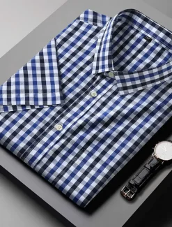 Men's Shirt Dress Shirt Plaid Office & Career Wedding Party Light Pink Light Blue Pink Dark Pink Short Sleeve Lapel Summer Clothing Apparel