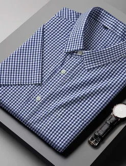 Men's Shirt Dress Shirt Plaid Office & Career Wedding Party Light Pink Light Blue Pink Dark Pink Short Sleeve Lapel Summer Clothing Apparel