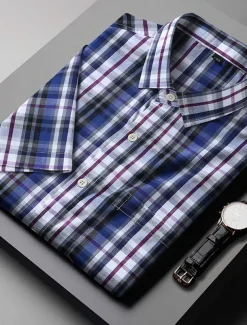 Men's Shirt Dress Shirt Plaid Office & Career Wedding Party Light Pink Light Blue Pink Dark Pink Short Sleeve Lapel Summer Clothing Apparel