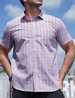 Men's Shirt Dress Shirt Plaid Office & Career Wedding Party Light Pink Light Blue Pink Dark Pink Short Sleeve Lapel Summer Clothing Apparel