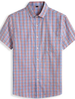 Men's Shirt Dress Shirt Plaid Office & Career Wedding Party Light Pink Light Blue Pink Dark Pink Short Sleeve Lapel Summer Clothing Apparel