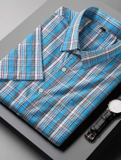 Men's Shirt Dress Shirt Plaid Office & Career Wedding Party Light Pink Light Blue Pink Dark Pink Short Sleeve Lapel Summer Clothing Apparel