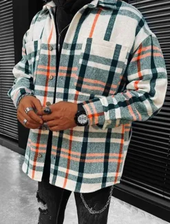 Men's Shirt Flannel Shirt Shirt Jacket Overshirt Plaid / Check Outdoor Street Beige Long Sleeve Collar Fall Winter Clothing Apparel Print