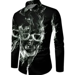 Men's Shirt Graphic Shirt Skull Turndown Black 3D Print Outdoor Halloween Long Sleeve Print Button-Down Clothing Apparel Vintage Cool Designer Casual