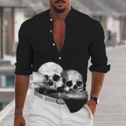 Men's Shirt Graphic Shirt Skull Stand Collar Black White+Black White Light Grey Gray 3D Print Outdoor Halloween Long Sleeve Print Button-Down Clothing Apparel Fashion Designer Casual Comfortable