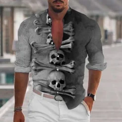 Men's Shirt Graphic Shirt Skull Stand Collar Black White+Black White Light Grey Gray 3D Print Outdoor Halloween Long Sleeve Print Button-Down Clothing Apparel Fashion Designer Casual Comfortable