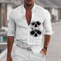 Men's Shirt Graphic Shirt Skull Stand Collar Black White+Black White Light Grey Gray 3D Print Outdoor Halloween Long Sleeve Print Button-Down Clothing Apparel Fashion Designer Casual Comfortable