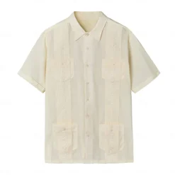 Men's Shirt Guayabera Shirt Light Yellow Black White Light Green Pink Short Sleeve Turndown School Performance Embroidered Clothing Apparel Elegant Vacation Vintage Neutral