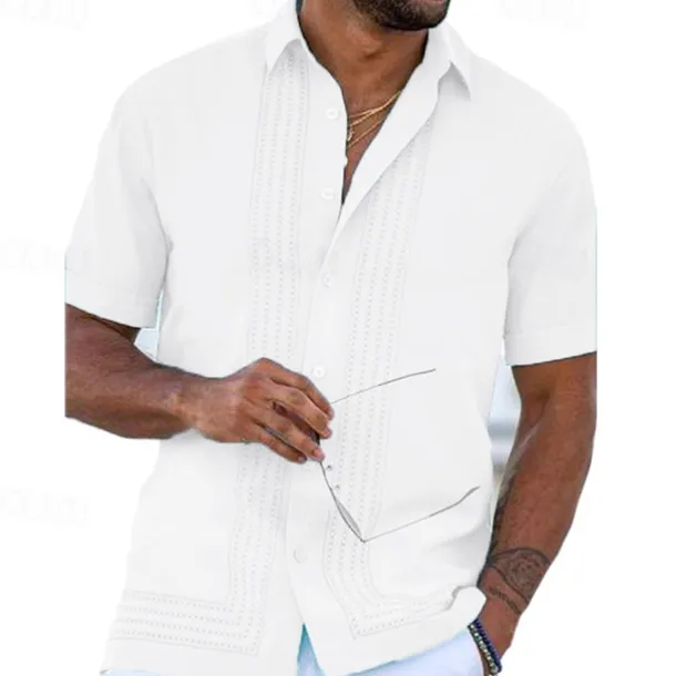 Men's Shirt Guayabera Shirt Summer Shirt Button Up Shirt White Pink Blue Short Sleeve Tribal Turndown Outdoor Street Button-Down Clothing Apparel Fashion Chinese Style Casual Breathable