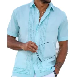 Men's Shirt Guayabera Shirt Summer Shirt Button Up Shirt White Pink Blue Short Sleeve Tribal Turndown Outdoor Street Button-Down Clothing Apparel Fashion Chinese Style Casual Breathable