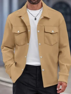 Men's Shirt Jacket Overshirts Transition Jacket Daily Lightweight Pocket Spring Plain Classic Lapel Regular Black Yellow Navy Blue Green Jacket