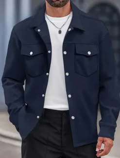 Men's Shirt Jacket Overshirts Transition Jacket Daily Lightweight Pocket Spring Plain Classic Lapel Regular Black Yellow Navy Blue Green Jacket