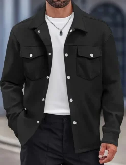 Men's Shirt Jacket Overshirts Transition Jacket Daily Lightweight Pocket Spring Plain Classic Lapel Regular Black Yellow Navy Blue Green Jacket