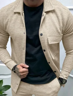 Men's Shirt Jacket Transition Jacket Daily Lightweight Jacquard Summer Spring Plain Classic Lapel Black White Khaki Light Grey Dark Gray Jacket