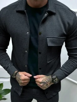 Men's Shirt Jacket Transition Jacket Daily Lightweight Jacquard Summer Spring Plain Classic Lapel Black White Khaki Light Grey Dark Gray Jacket