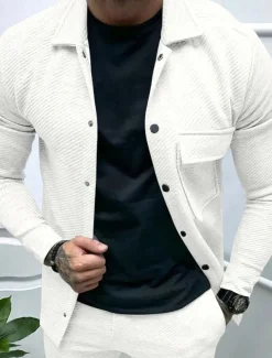 Men's Shirt Jacket Transition Jacket Daily Lightweight Jacquard Summer Spring Plain Classic Lapel Black White Khaki Light Grey Dark Gray Jacket