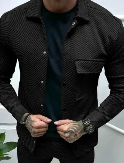 Men's Shirt Jacket Transition Jacket Daily Lightweight Jacquard Summer Spring Plain Classic Lapel Black White Khaki Light Grey Dark Gray Jacket