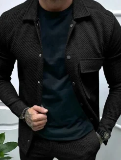 Men's Shirt Jacket Transition Jacket Daily Lightweight Jacquard Summer Spring Plain Classic Lapel Black White Khaki Light Grey Dark Gray Jacket