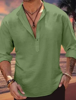 Men's Shirt Linen Shirt Band Collar Shirt Popover Shirt Summer Shirt Beach Wear Plain Vacation Curise Pink Blue Army Green Long Sleeve Henley Spring & Summer Clothing Apparel
