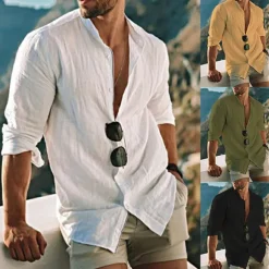 Men's Shirt Linen Shirt Band Collar Shirt Summer Shirt Beach Wear Button Up Shirt Solid Color Outdoor Vacation Black White Yellow Light Green Long Sleeve Collar Spring Fall Clothing Apparel