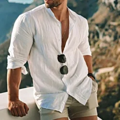 Men's Shirt Linen Shirt Band Collar Shirt Summer Shirt Beach Wear Button Up Shirt Solid Color Outdoor Vacation Black White Yellow Light Green Long Sleeve Collar Spring Fall Clothing Apparel