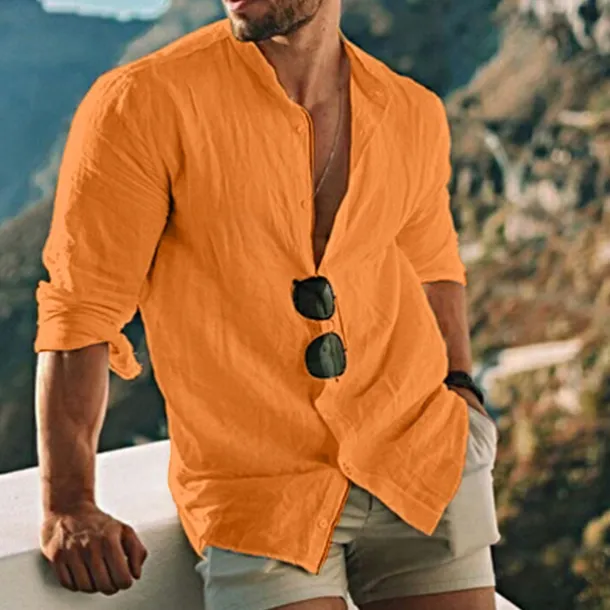 Men's Shirt Linen Shirt Band Collar Shirt Summer Shirt Beach Wear Button Up Shirt Solid Color Outdoor Vacation Black White Yellow Light Green Long Sleeve Collar Spring Fall Clothing Apparel