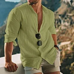Men's Shirt Linen Shirt Band Collar Shirt Summer Shirt Beach Wear Button Up Shirt Solid Color Outdoor Vacation Black White Yellow Light Green Long Sleeve Collar Spring Fall Clothing Apparel