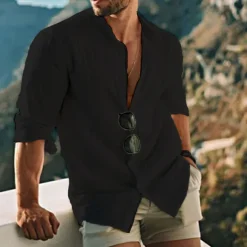 Men's Shirt Linen Shirt Band Collar Shirt Summer Shirt Beach Wear Button Up Shirt Solid Color Outdoor Vacation Black White Yellow Light Green Long Sleeve Collar Spring Fall Clothing Apparel