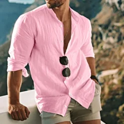 Men's Shirt Linen Shirt Band Collar Shirt Summer Shirt Beach Wear Button Up Shirt Solid Color Outdoor Vacation Black White Yellow Light Green Long Sleeve Collar Spring Fall Clothing Apparel