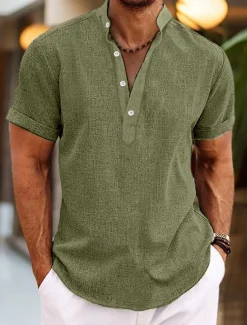 Men's Shirt Linen Shirt Band Collar Shirt Popover Shirt Summer Shirt Beach Wear Plain Vacation Casual Black White Yellow Pink Short Sleeve Henley Summer Clothing Apparel