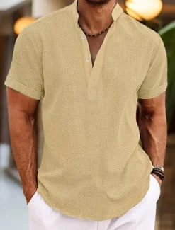 Men's Shirt Linen Shirt Band Collar Shirt Popover Shirt Summer Shirt Beach Wear Plain Vacation Casual Black White Yellow Pink Short Sleeve Henley Summer Clothing Apparel
