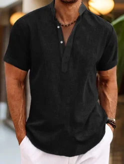 Men's Shirt Linen Shirt Band Collar Shirt Popover Shirt Summer Shirt Beach Wear Plain Vacation Casual Black White Yellow Pink Short Sleeve Henley Summer Clothing Apparel