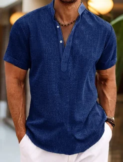 Men's Shirt Linen Shirt Band Collar Shirt Popover Shirt Summer Shirt Beach Wear Plain Vacation Casual Black White Yellow Pink Short Sleeve Henley Summer Clothing Apparel