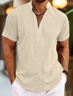 Men's Shirt Linen Shirt Band Collar Shirt Popover Shirt Summer Shirt Beach Wear Plain Vacation Casual Black White Yellow Pink Short Sleeve Henley Summer Clothing Apparel