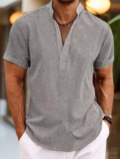 Men's Shirt Linen Shirt Band Collar Shirt Popover Shirt Summer Shirt Beach Wear Plain Vacation Casual Black White Yellow Pink Short Sleeve Henley Summer Clothing Apparel