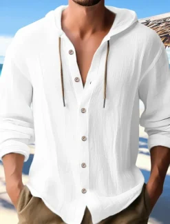 Men's Shirt Linen Shirt Calico Shirt Beach Wear Button Up Shirt Hooded Shirt Plain Casual Daily Black White Blue Green Long Sleeve Hooded Spring & Summer Clothing Apparel Buttons
